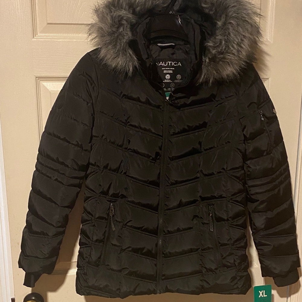 Nautica Women's Black Puffer Coat with Faux Fur Trim